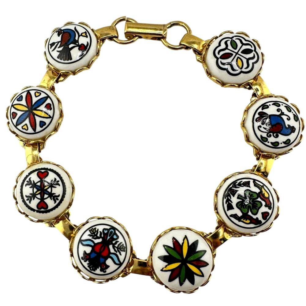 Vintage Pennsylvania Dutch Hex Enameled Glass 1960s 1970s 7" Charm Bracelet